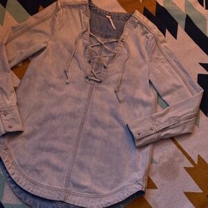 Free People Blue Tie Front Cuffed Sleeve Blouse